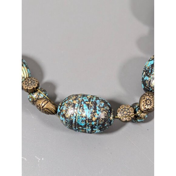 Bronze Tone Green Patina Faux Stone Statement Necklace 20" Tribal Boho - Picture 3 of 9